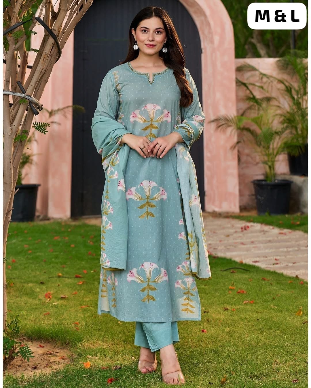 Featuring a beautifully floral printed Cotton kurta with subtle hand embroidery on the neckline, it’s paired with a matching printed mal cotton dupatta and comfortable solid cotton pants. - Image 3