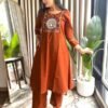 Featuring Beautiful Suit Sets in Soft Tesla Slub Top With Pant, it is beautifully decorated with Multi thread work & Original Mirror desgins