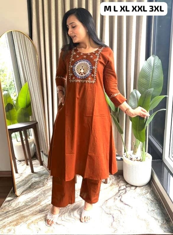 Featuring Beautiful Suit Sets in Soft Tesla Slub Top With Pant, it is beautifully decorated with Multi thread work & Original Mirror desgins