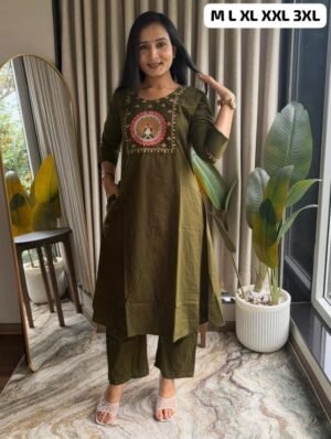 Alternative view of Featuring Beautiful Suit Sets in Soft Tesla Slub Top With Pant, it is beautifully decorated with Multi thread work & Original Mirror desgins
