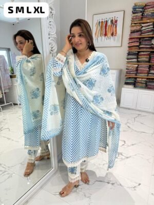 Alternative view of Beat the heat in our super comfortable & beautiful Cotton straight kurti with pant and. Mal mal dupatta Set 