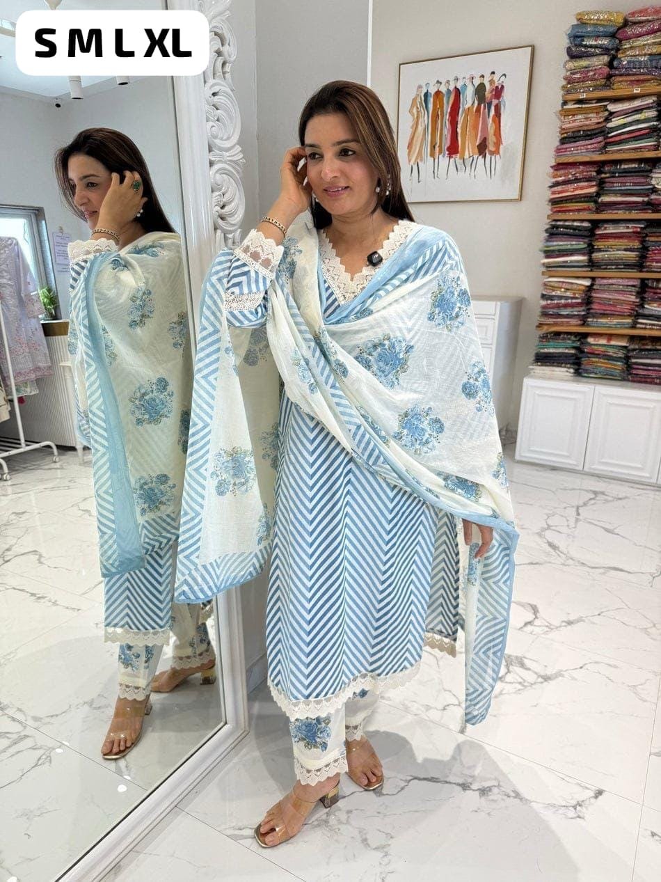 Beat the heat in our super comfortable & beautiful Cotton straight kurti with pant and. Mal mal dupatta Set - Image 2