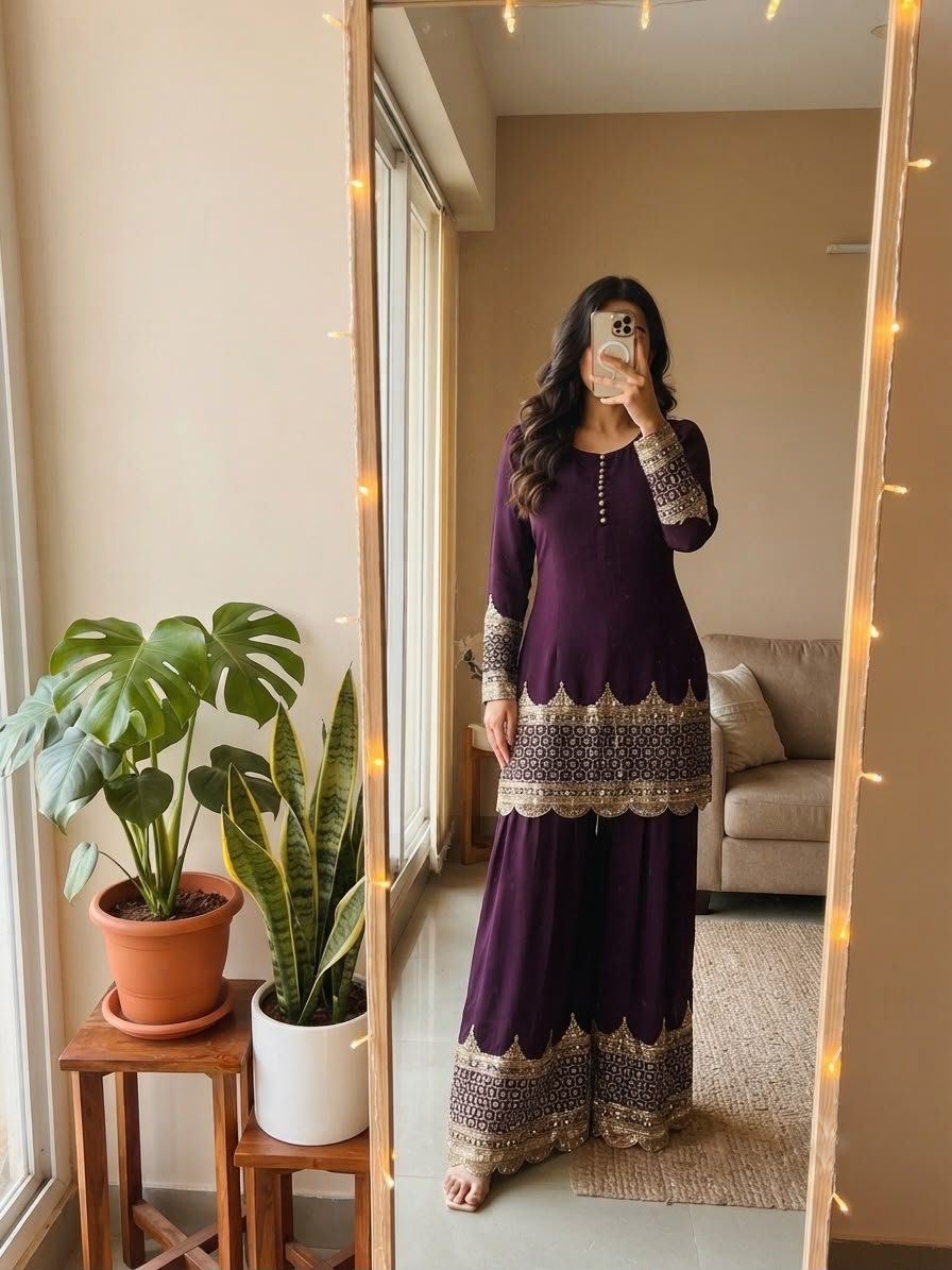 Elegant Embroidered Sequence Designer Sharara Set