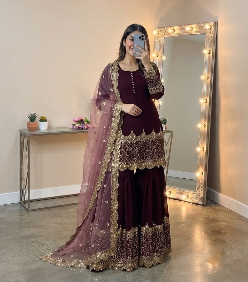 Elegant Embroidered Sequence Designer Sharara Set - Image 3