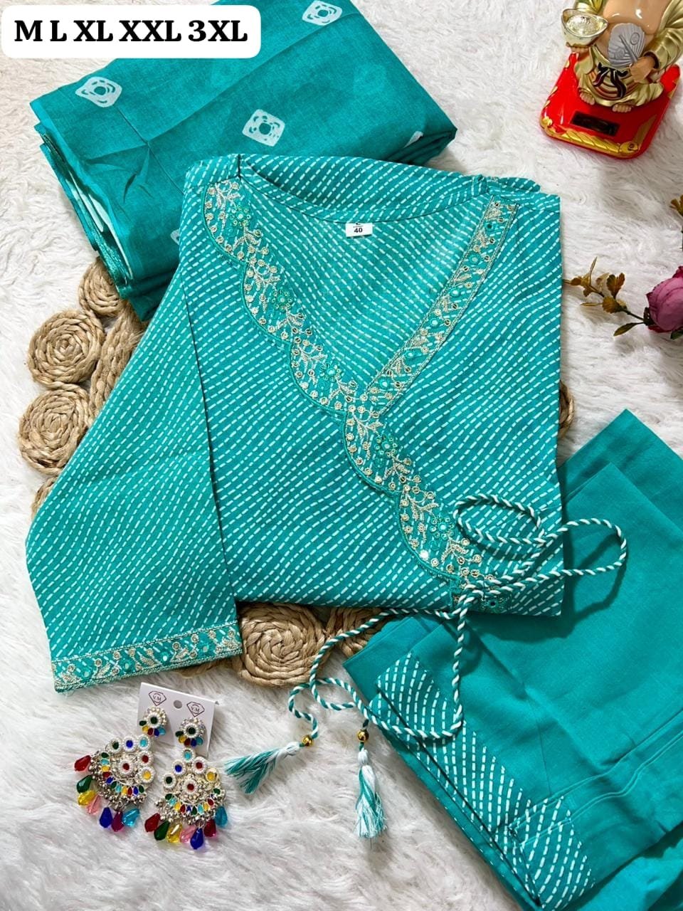 Get ready to look stunning this festive season with our beautiful, traditional Lehriya & Bandhani Dress Material Set - Image 2