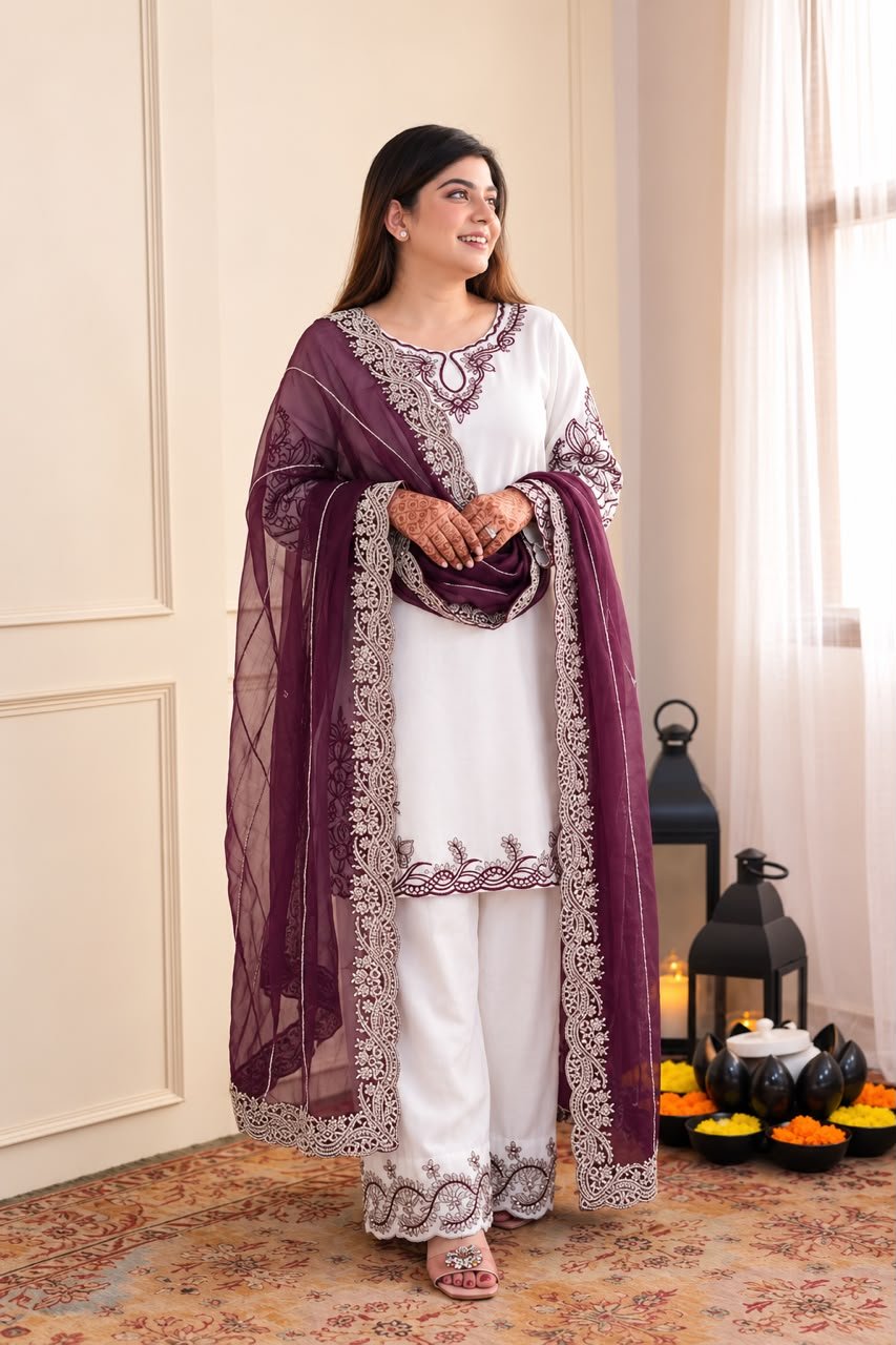 Launching New Fancy Design Pakistani Collection Top - Plazzo And Dupatta Set Fully Stitched Ready To Wear