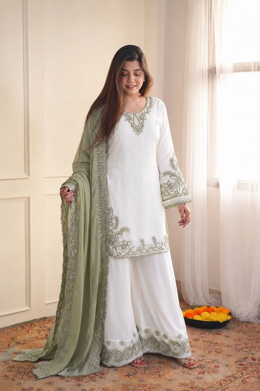 Launching New Fancy Design Pakistani Collection Top - Plazzo And Dupatta Set Fully Stitched Ready To Wear - Image 3