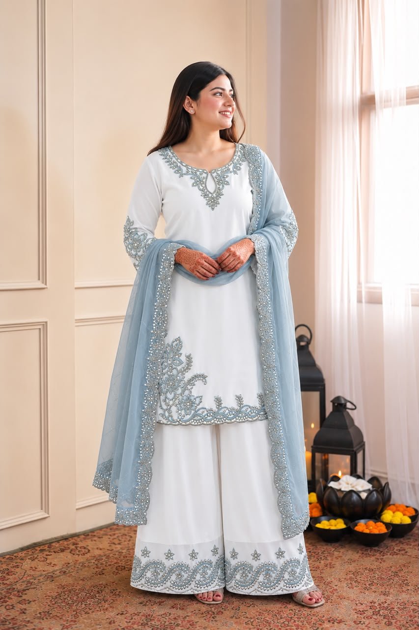 Launching New Fancy Design Pakistani Collection Top - Plazzo And Dupatta Set Fully Stitched Ready To Wear - Image 5