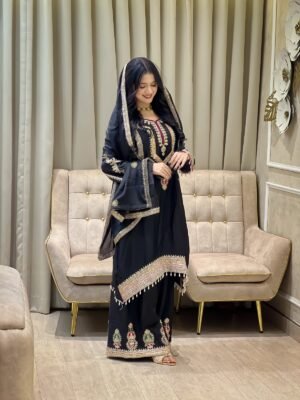 FESTIAL ETHNIC OUTFIT SEQUENCE EMBROIDERY ON SILK FABRIC TOP AND PLAZZO WITH DUPATTA SET
