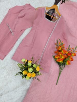 Alternative view of WOMEN'S ELEGANT PINK CRINKLE KURTA PANT SET WITH DUPPATA & DIAMOND SIROSKI WORK