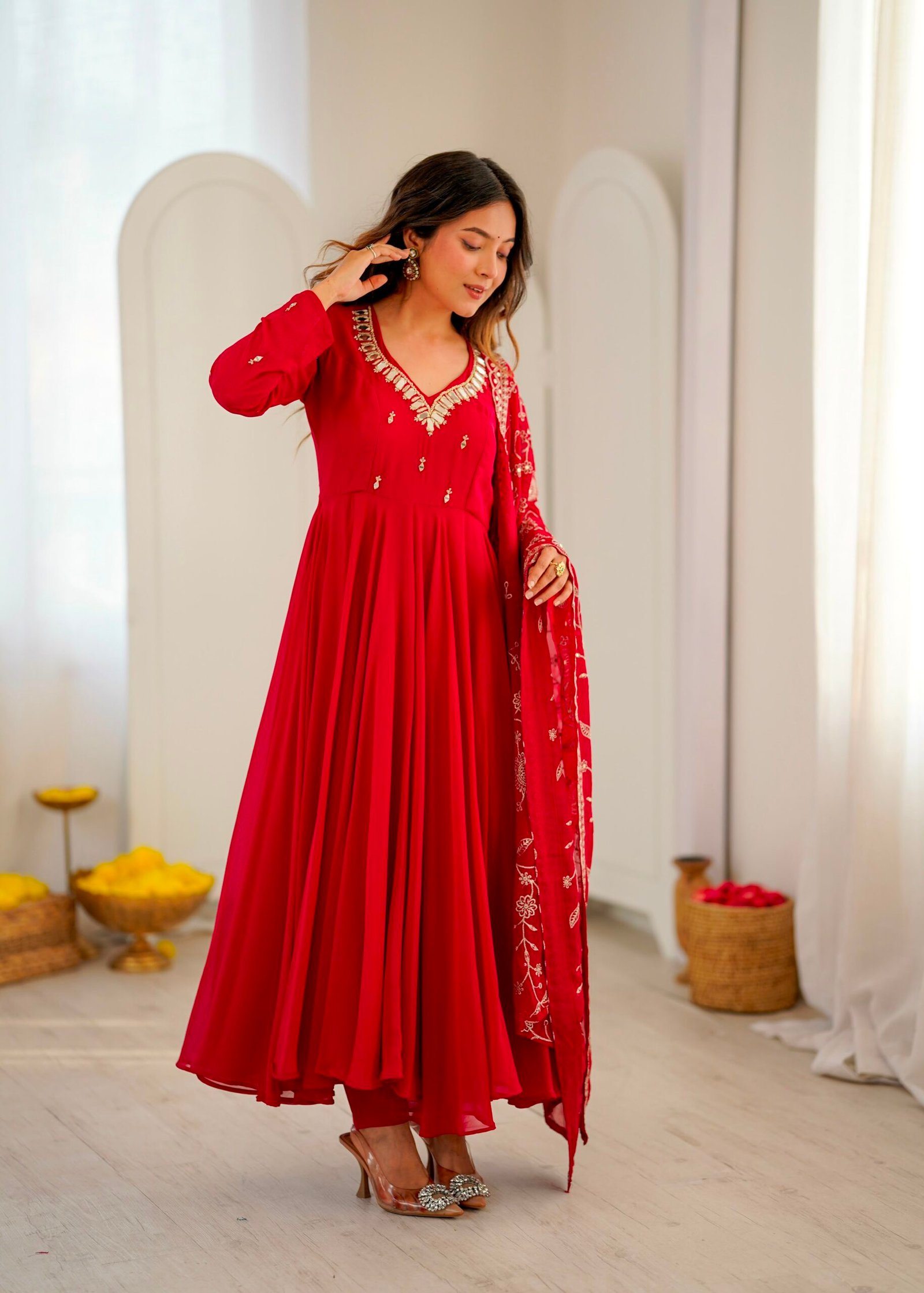 Elegant Embroidered Sequence With Khatli Work with Real Mirror Designer Anarkali Three Piece Set Look Gorgeous