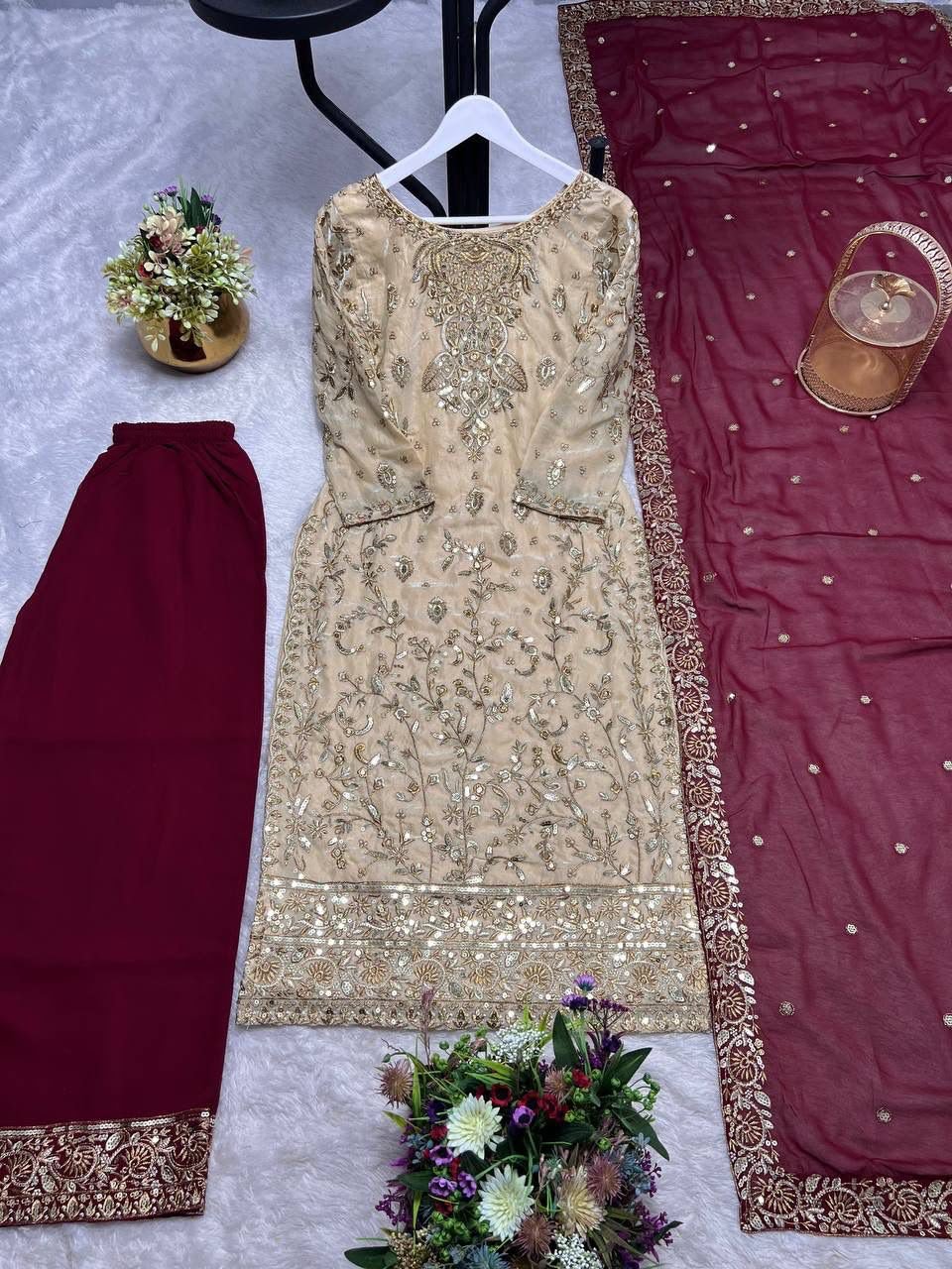 UPCOMING NEW READY TO WEAR COLLECTION 3 PIECE FANCY KURTI WITH BEAUTIFUL CONTRAST PLAZZO AND DUPATTA - Image 2