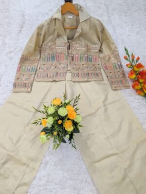 Alternative view of WOMEN'S ELEGANT CROP TOP AND JACKET WITH PALAZZOS SET WITH SEQUENCES CODING EMBROIDERED BEATS WORK