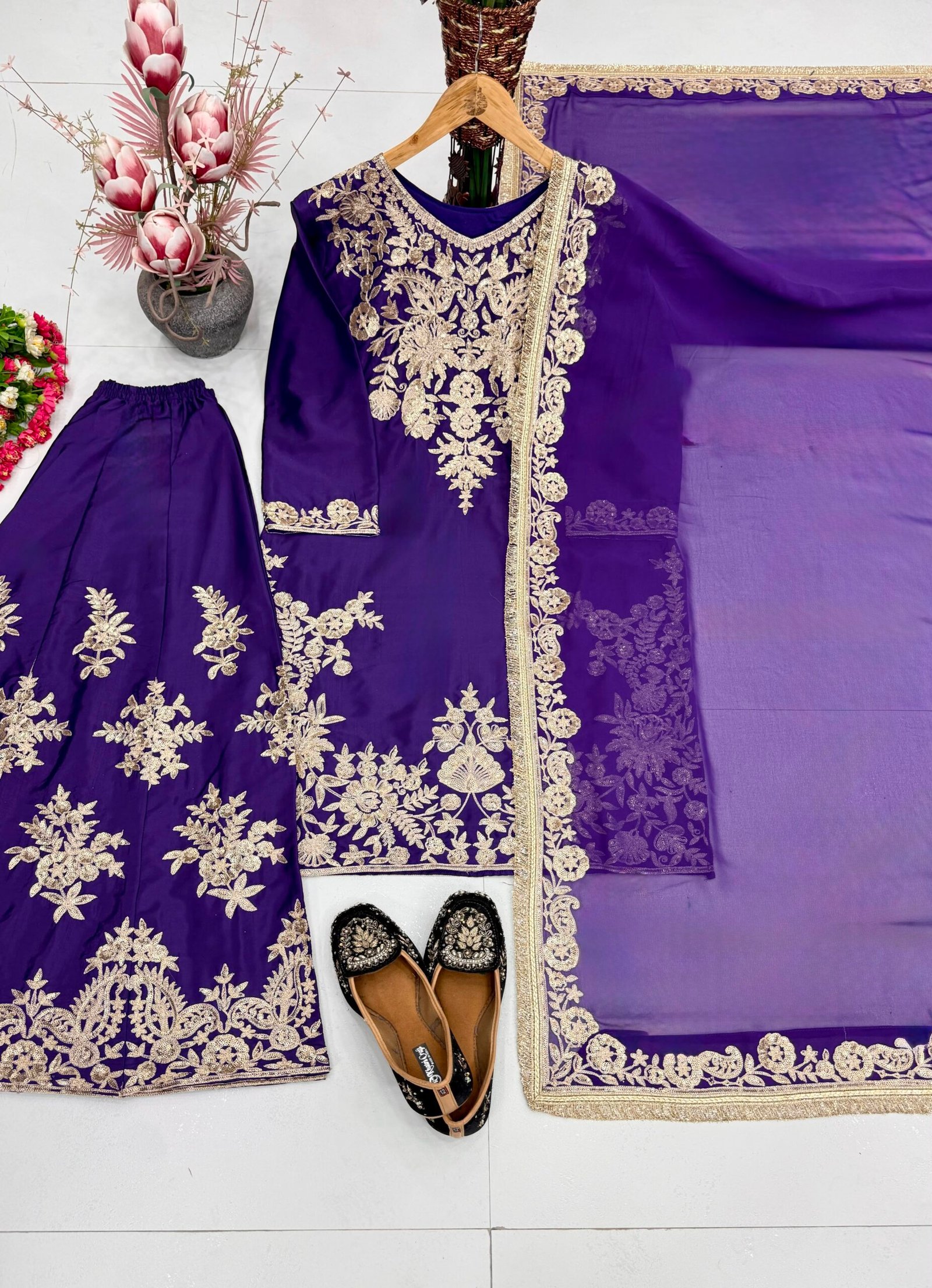 NEW DESIGNER HEAVY EMBROIDERY CHINE SEQUENCE WORK 3 PIS SUIT SET - Image 4