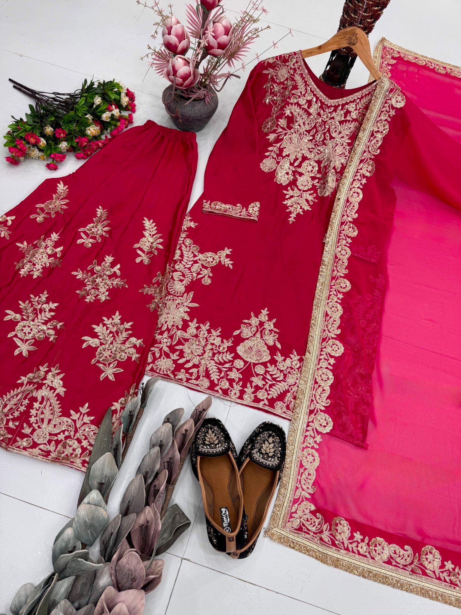 NEW DESIGNER HEAVY EMBROIDERY CHINE SEQUENCE WORK 3 PIS SUIT SET - Image 2