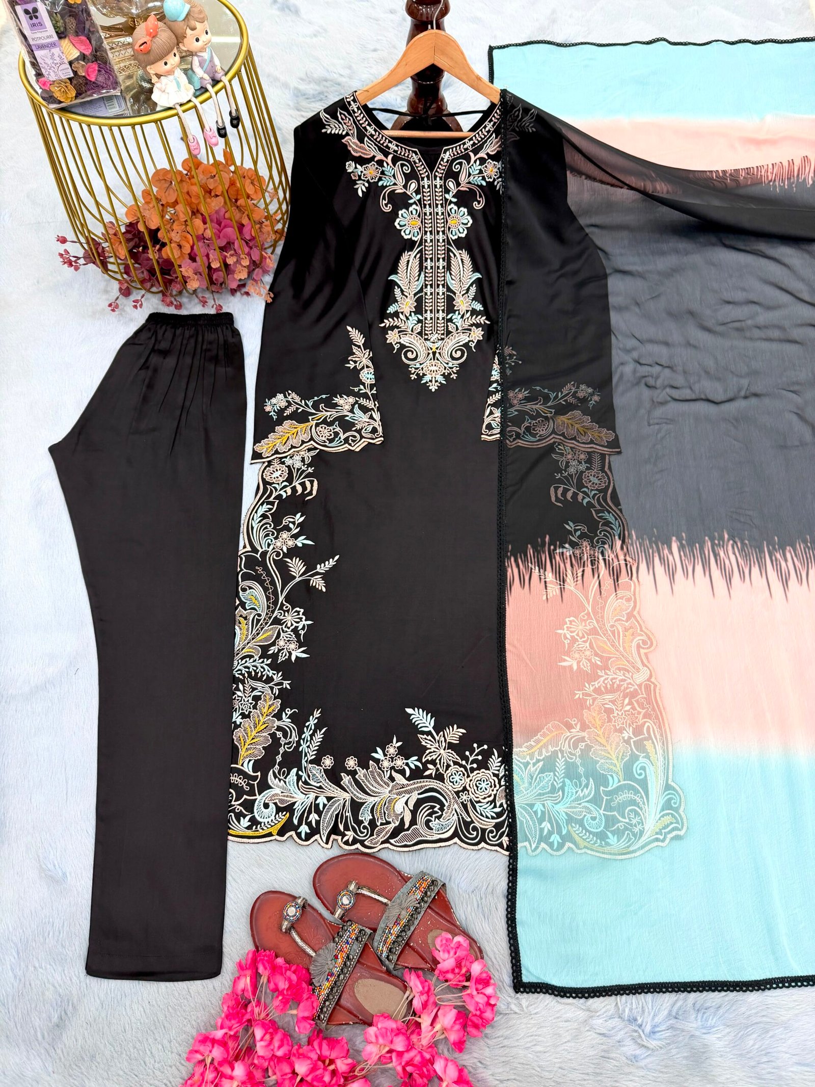 Long Kaftan Fabric :Pur Satin Rayon With Embroidery Work With Cutwork With Fancy Sleeves - Image 2