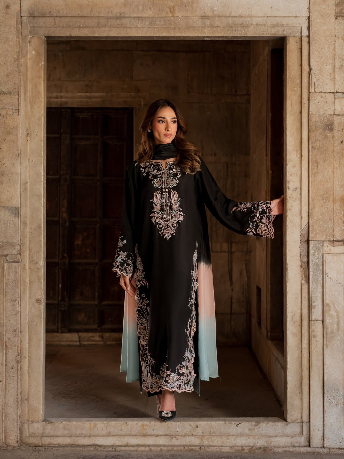 Long Kaftan Fabric :Pur Satin Rayon With Embroidery Work With Cutwork With Fancy Sleeves