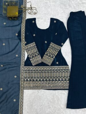 Alternative view of TOPKURTA FABRI CRUNCHY SILK FABRIC WITH EMBROIDERY SEQUENCE AND JARI WORK WITH BACK SIDE FANCY DORI PATTERN 