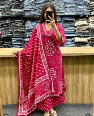 Shop This Beautiful Cotton Bandej Procin Printed Straight Style With Lehria Kurti With Plazoo And Mal Mal Dupatta