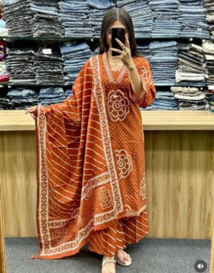 Alternative view of Shop This Beautiful Cotton Bandej Procin Printed Straight Style With Lehria Kurti With Plazoo  And Mal Mal Dupatta 