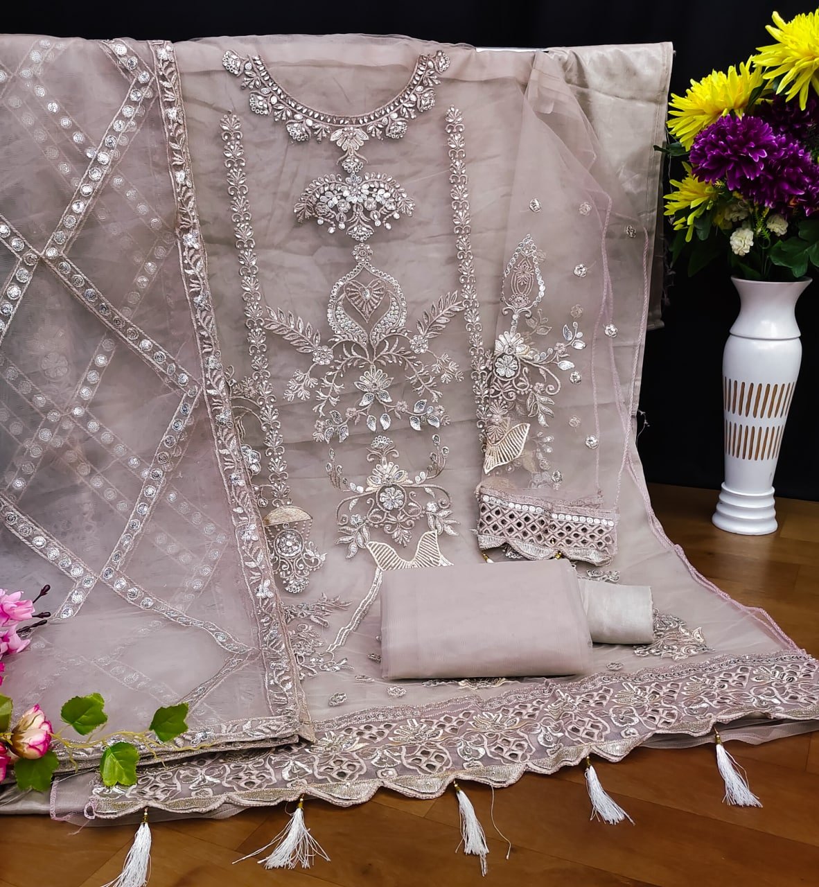 Net With Sequence Embroidery Work With Diamond Work - Image 6