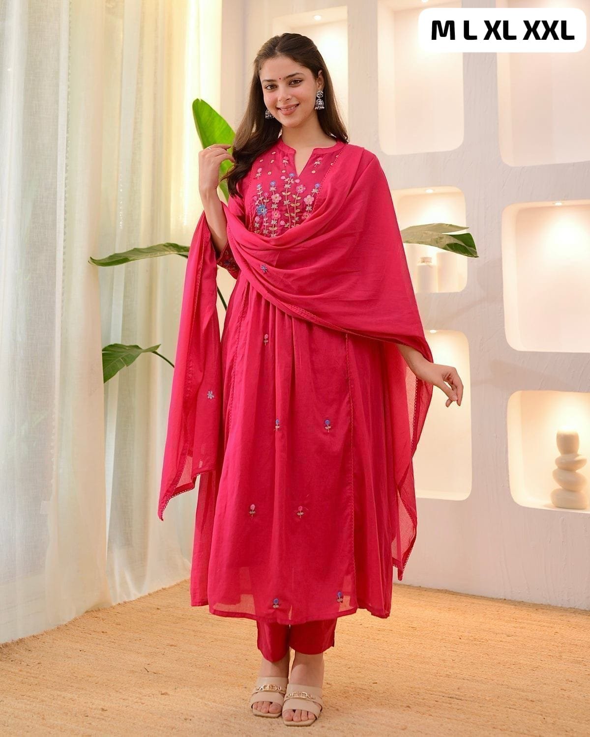 Prepare to get overwhelmed with a swirl of compliments by dressing yourself in this cotton Fabric coordinate set with fully embroidery on kurti ,sleeves and dupatta .It is also perfect for office, brunch outings, cards night and airport look*.