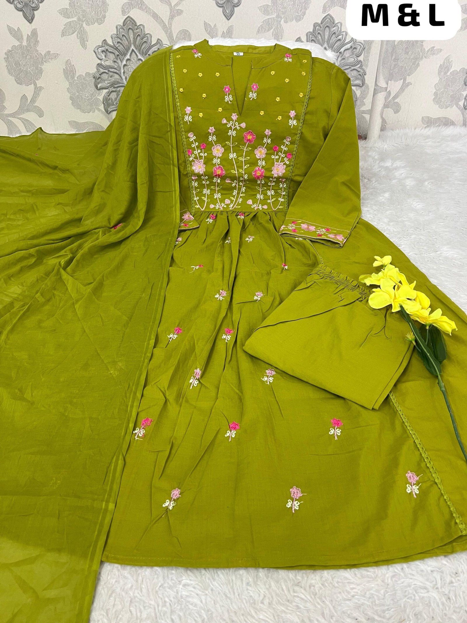 Prepare to get overwhelmed with a swirl of compliments by dressing yourself in this cotton Fabric coordinate set with fully embroidery on kurti ,sleeves and dupatta .It is also perfect for office, brunch outings, cards night and airport look*. - Image 4