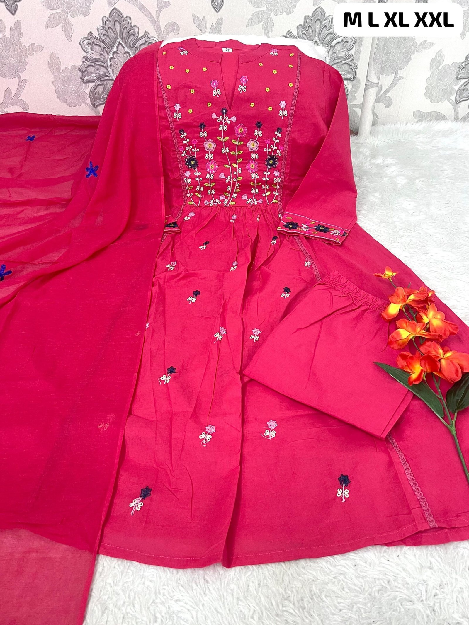 Prepare to get overwhelmed with a swirl of compliments by dressing yourself in this cotton Fabric coordinate set with fully embroidery on kurti ,sleeves and dupatta .It is also perfect for office, brunch outings, cards night and airport look*. - Image 2