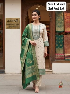 Look straight out of a dreamy movie set as you turn around and walk in this elegant SImmer jaquard silk (attached fully silk inner) hand premium work suit.. the perfect blend of traditional wear and chic design.