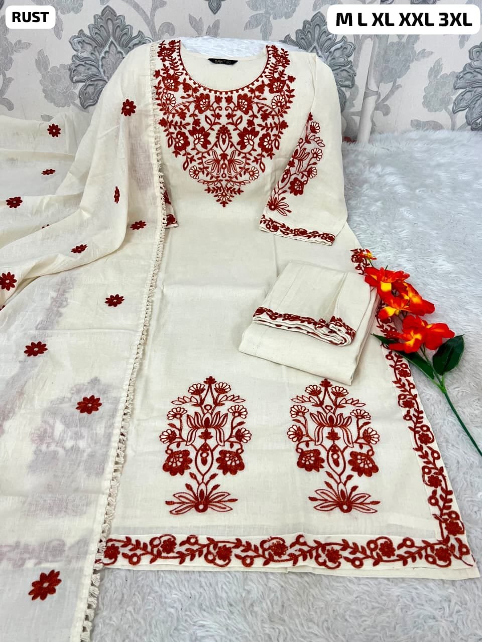 Pure Khadi Cotton Kurti With Pant With Beautiful Embroidery Work Duppata - Image 2