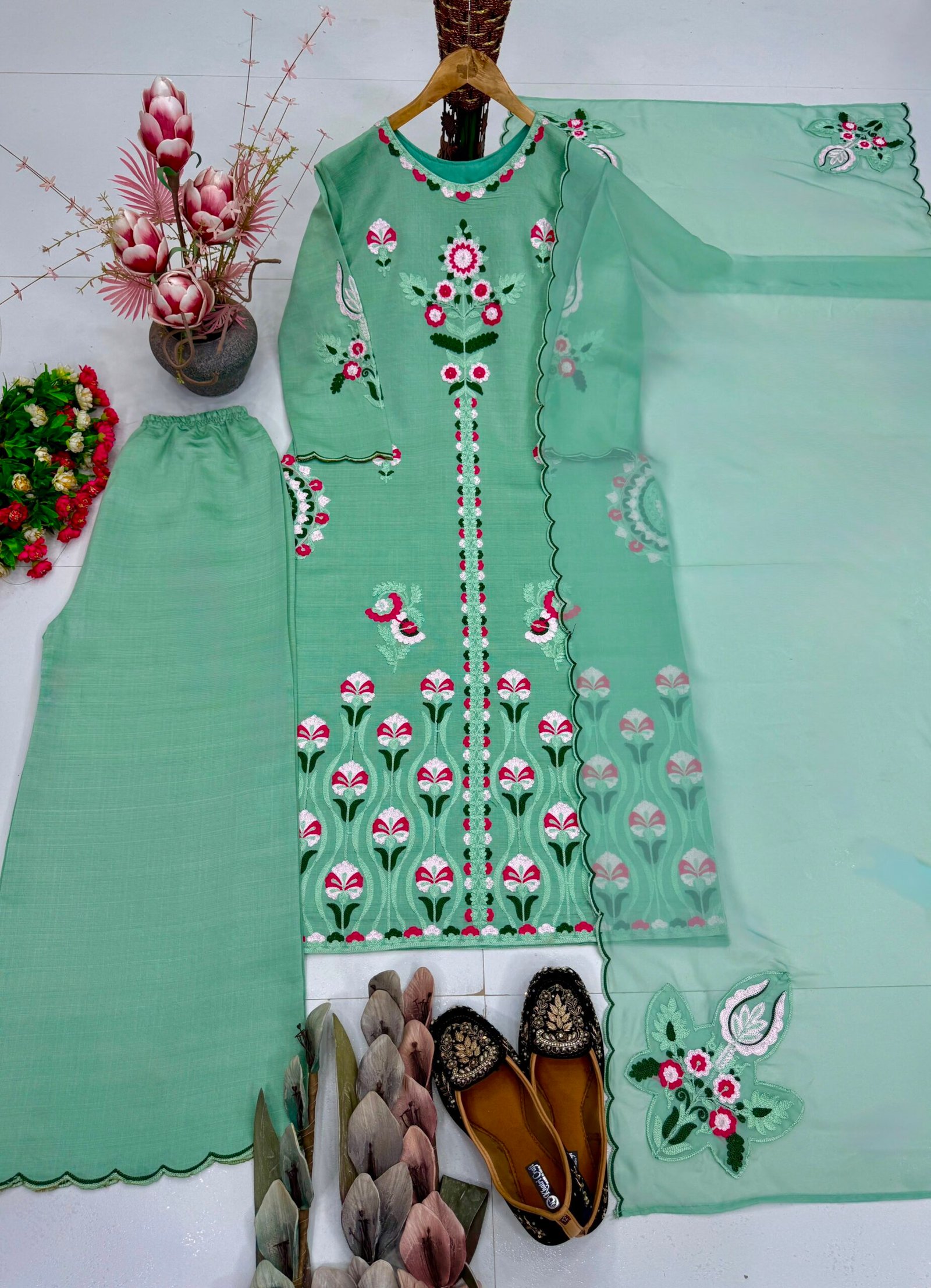 DESIGNER HEAVY HEAVY VERTICAL EMBROIDERED CHINE STITCHED WORK WITH FANCY TOP-PLAZZO DUPATTA SET - Image 2