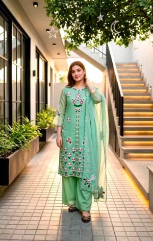 DESIGNER HEAVY HEAVY VERTICALÂ Â EMBROIDERED CHINEÂ STITCHED WORK WITH FANCY TOP-PLAZZO DUPATTA SET