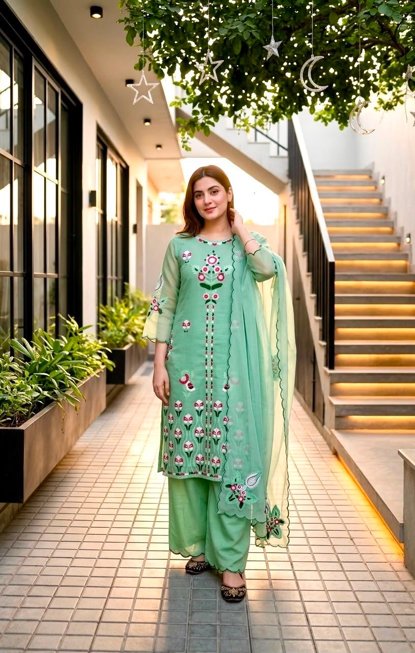 DESIGNER HEAVY HEAVY VERTICAL EMBROIDERED CHINE STITCHED WORK WITH FANCY TOP-PLAZZO DUPATTA SET