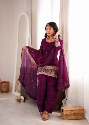 NEW FENDY SILK FABRIC WITH EMBROIDERY SEQUENCE AND JARI WORK TOP,DUPATTA SET WITH FARSHI SHALWAR READY TO WEAR