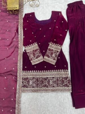 Alternative view of NEW FENDY SILK FABRIC WITH EMBROIDERY SEQUENCE AND JARI WORK TOP,DUPATTA SET WITH FARSHI SHALWAR READY TO WEAR