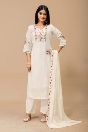 Pure  Mul Chanderi with embrodery work Kurti Pant Dupatta Set