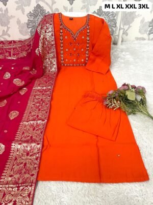 Premium Roman Silk Kurti With Handwork With Pant With Beautiful Jequard Duppata 