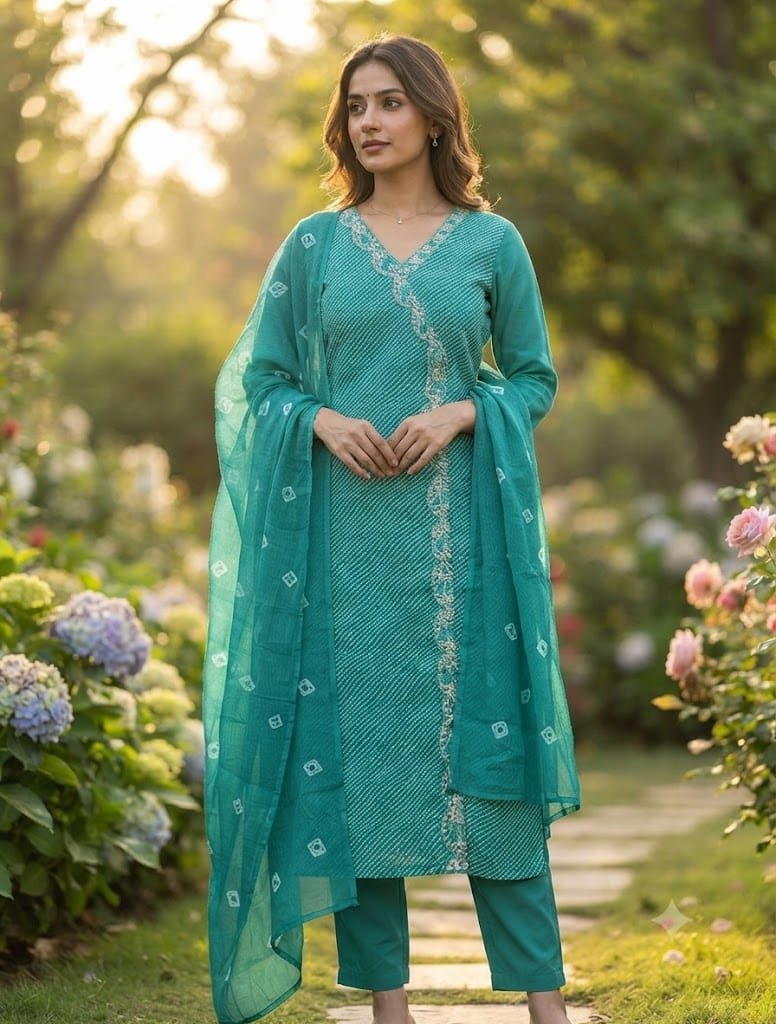Get ready to look stunning this festive season with our beautiful, traditional Lehriya & Bandhani Dress Material Set