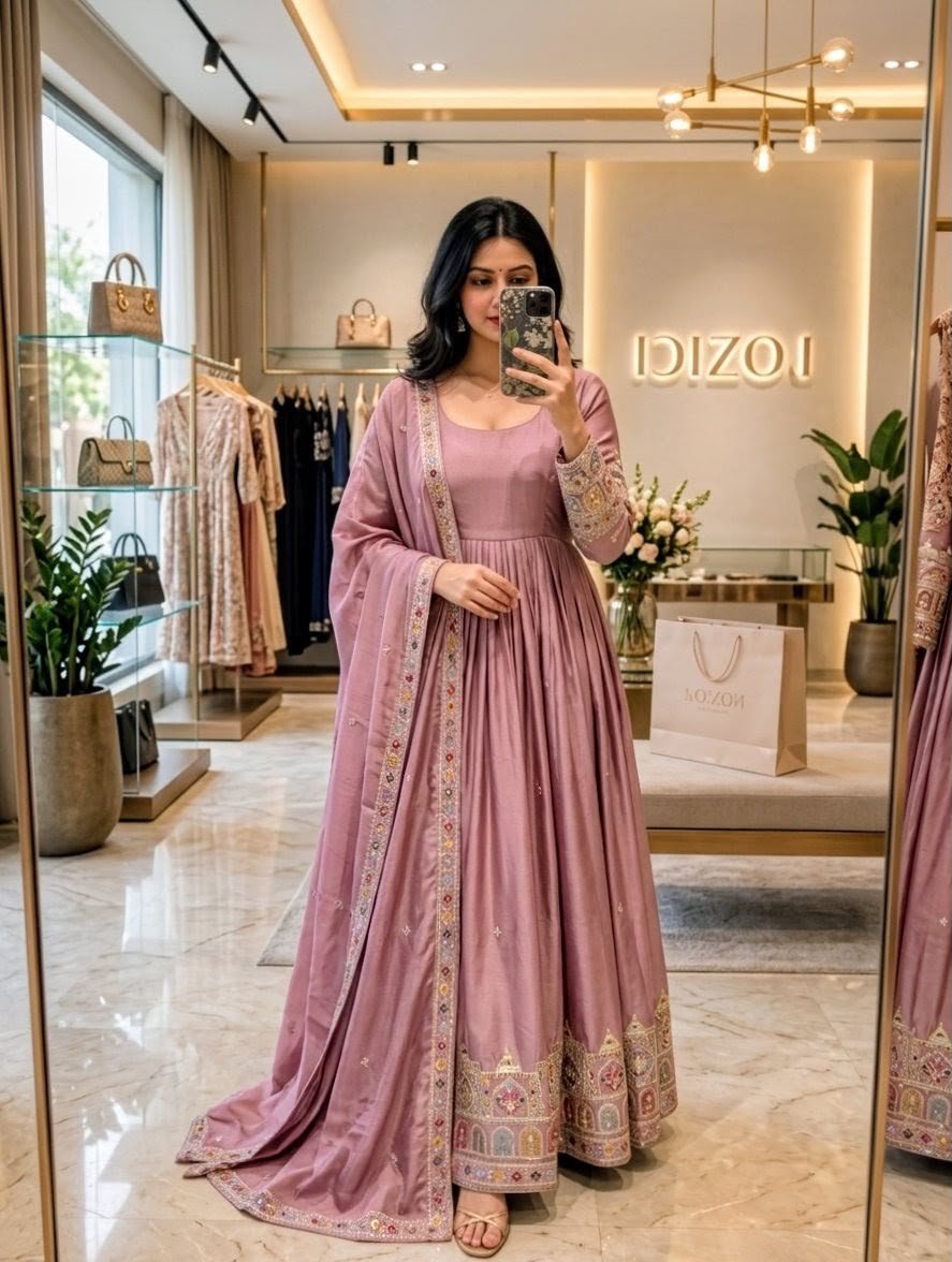 Pure Cinon Silk With Embroidery 5mm Sequences Work With Full-Sleeves With Latkan Dori