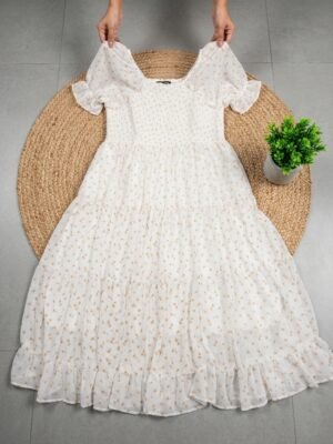 Alternative view of The dress features a smocked bodice, dainty puff sleeves, and a tiered midi silhouette covered in the sweetest micro-floral print. Ideal for brunch, picnics, or golden hour strolls.