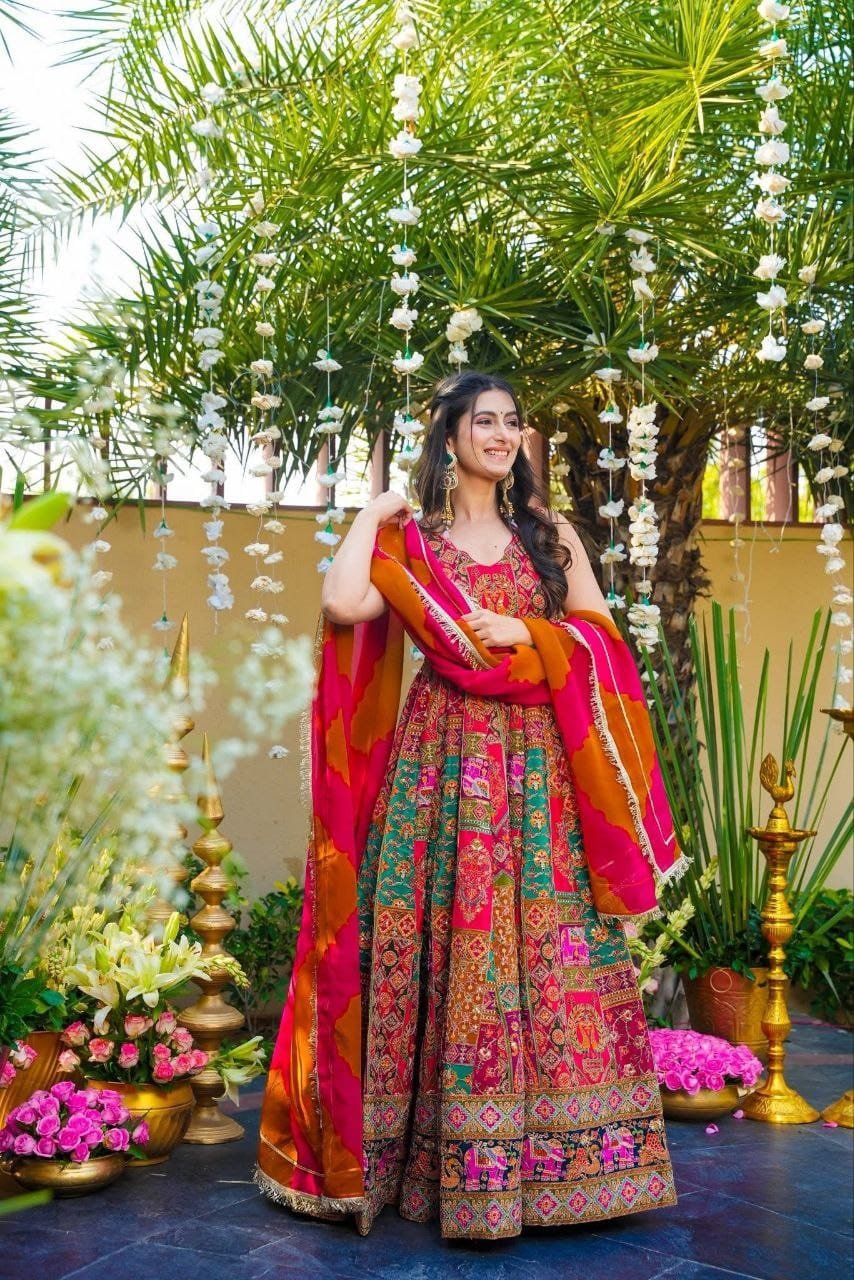 Exquisite Printed Chinon Wedding Gown Set