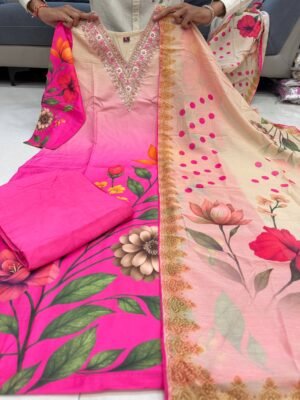 Alternative view of Celebrate the festive season in style with this elegant Soft Waves Silk Kurti Pant Dupatta Set featuring heavy designer neck hand work. Crafted from soft flowy silk fabric, this outfit offers a graceful and premium look perfect for festivals, functions, and special occasions