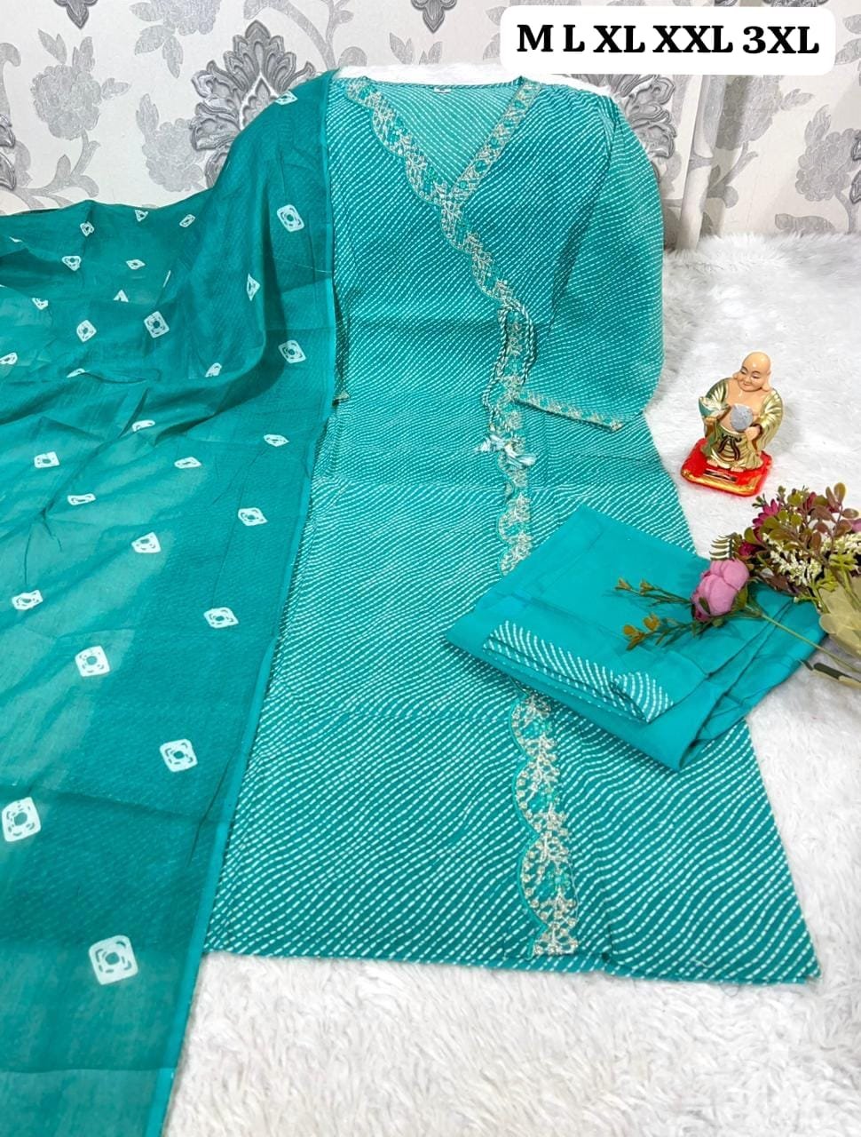 Get ready to look stunning this festive season with our beautiful, traditional Lehriya & Bandhani Dress Material Set - Image 2