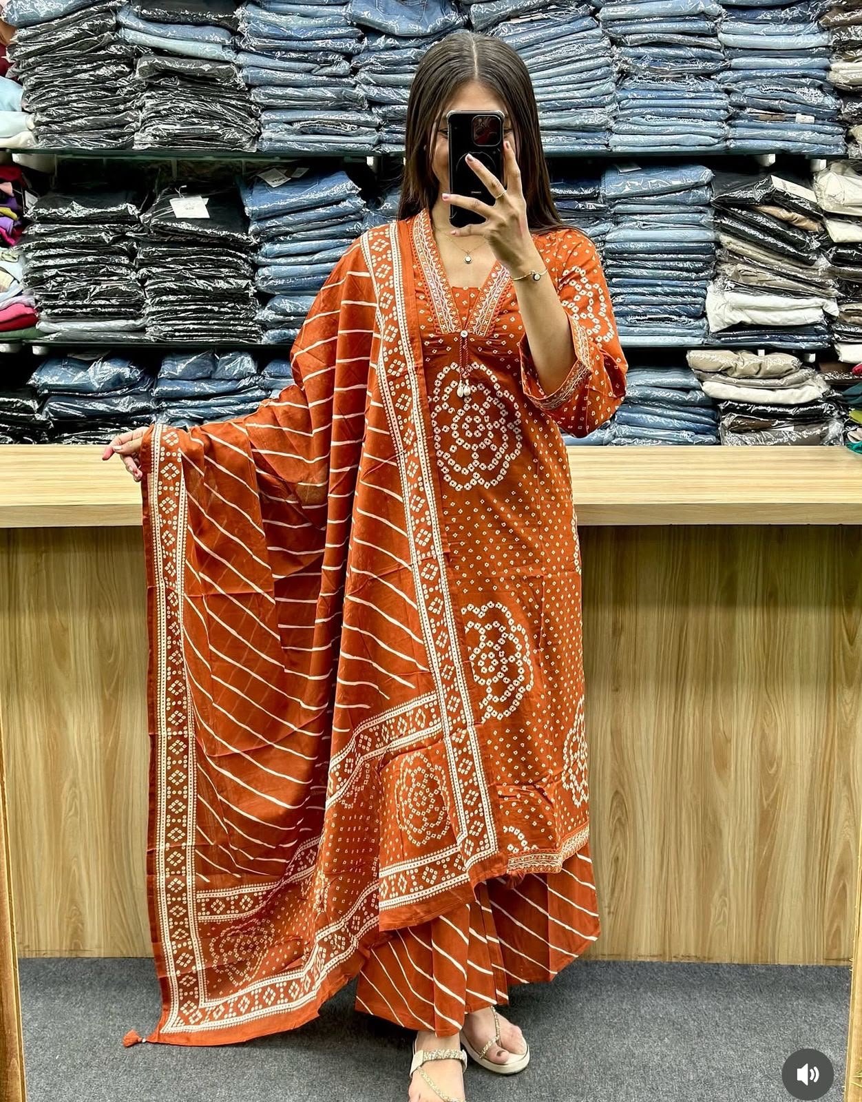 Shop This Beautiful Cotton Bandej Procin Printed Straight Style With Lehria Kurti With Plazoo And Mal Mal Dupatta - Image 5