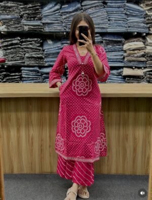 Alternative view of Shop This Beautiful Cotton Bandej Procin Printed Straight Style With Lehria Kurti With Plazoo  And Mal Mal Dupatta 