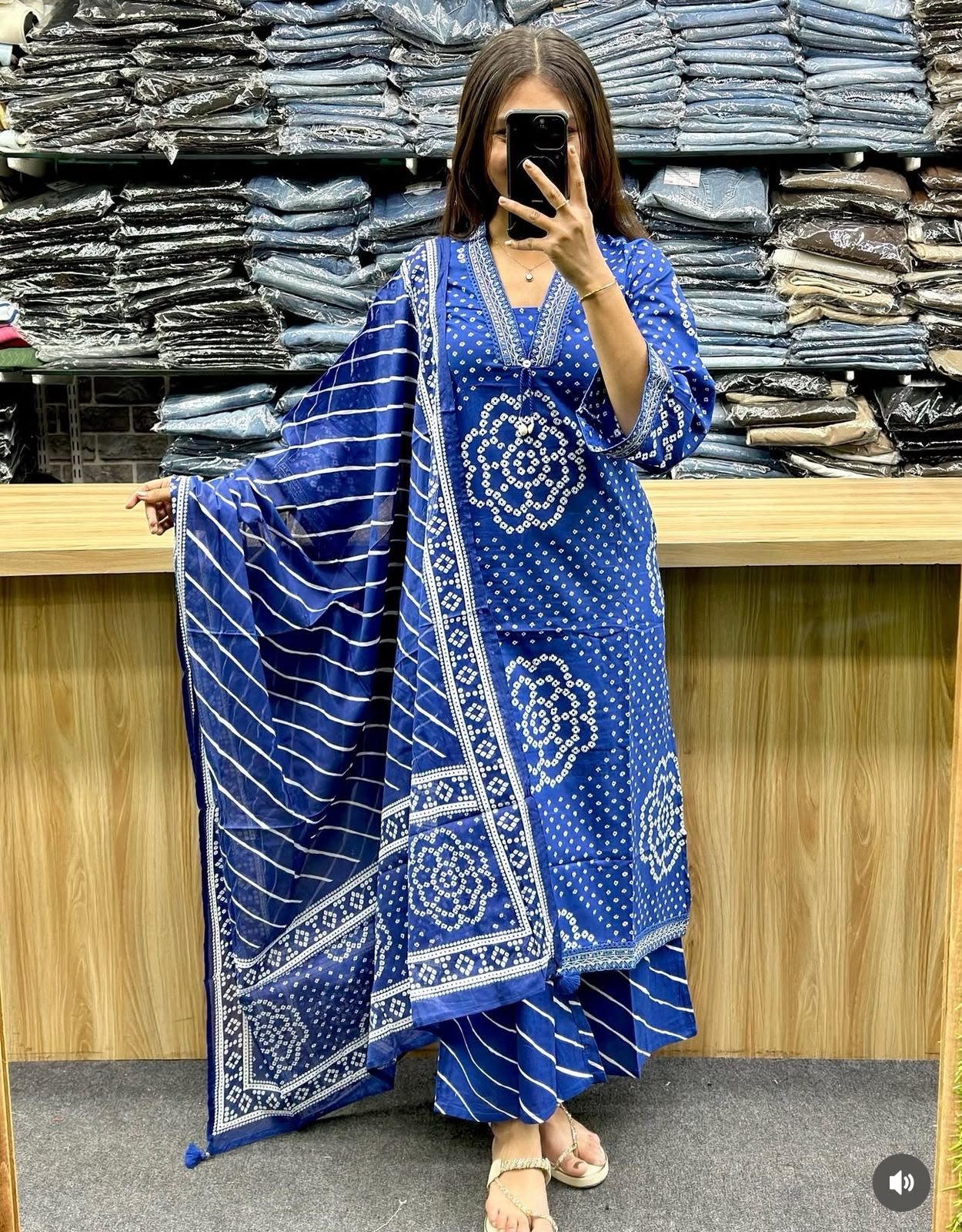 Shop This Beautiful Cotton Bandej Procin Printed Straight Style With Lehria Kurti With Plazoo And Mal Mal Dupatta - Image 3