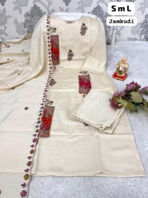 Elevate your ethnic wardrobe with our stunning new designer 3-piece suit set. Crafted for those who love elegance combined with rich traditional detailing!