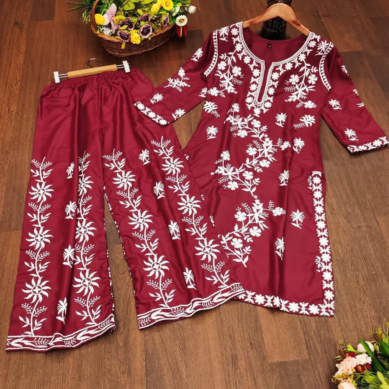KURTI HEAVY RAYON COTTON FABRIC WID CHICKEN KARI STYLE EMBROIDERY WORK - Image 6