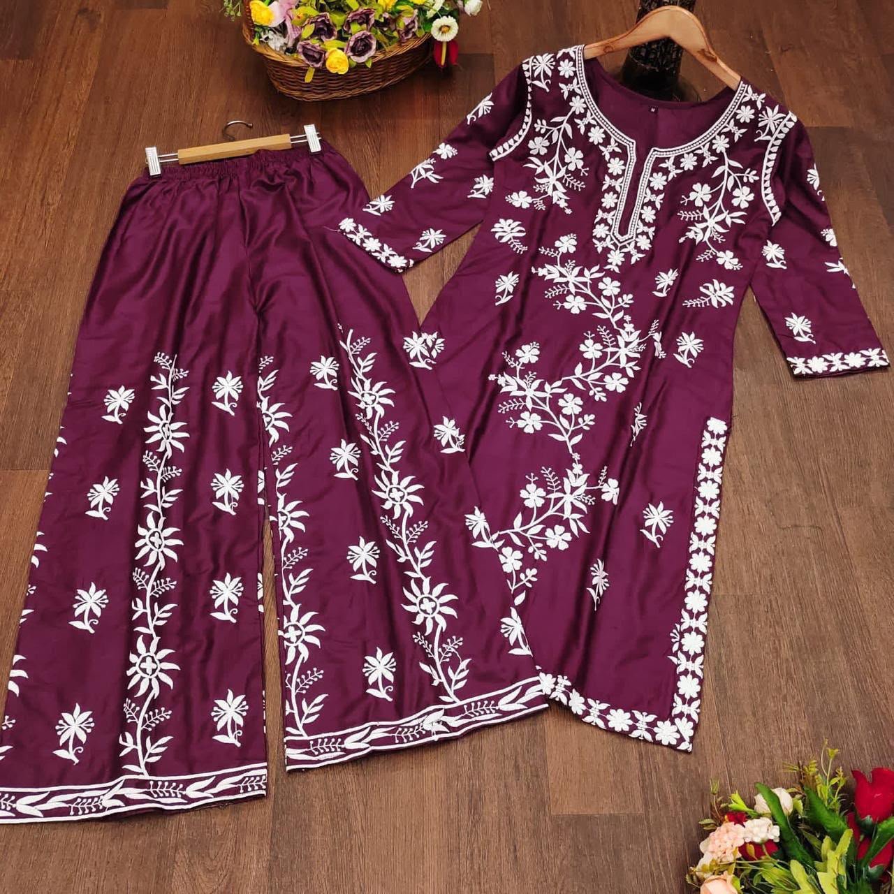 KURTI HEAVY RAYON COTTON FABRIC WID CHICKEN KARI STYLE EMBROIDERY WORK - Image 4