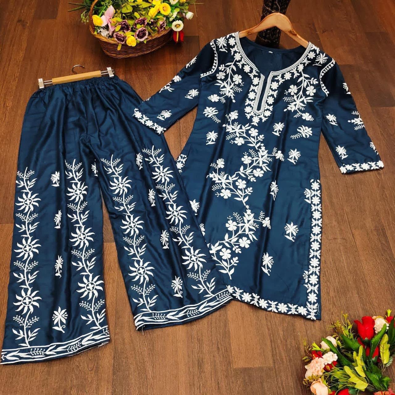 KURTI HEAVY RAYON COTTON FABRIC WID CHICKEN KARI STYLE EMBROIDERY WORK - Image 8